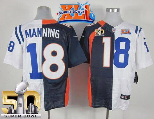 Nike Colts #18 Peyton Manning Navy Blue/White Super Bowl XLI & Super Bowl 50 Men's Stitched NFL Elite Split Broncos Jersey - Click Image to Close